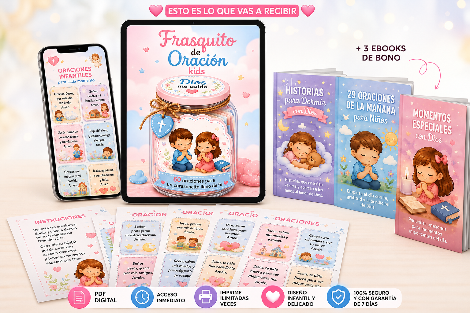 Potinho da Oração Kids — mockup del PDF, tarjetas de oración y ebooks bonus